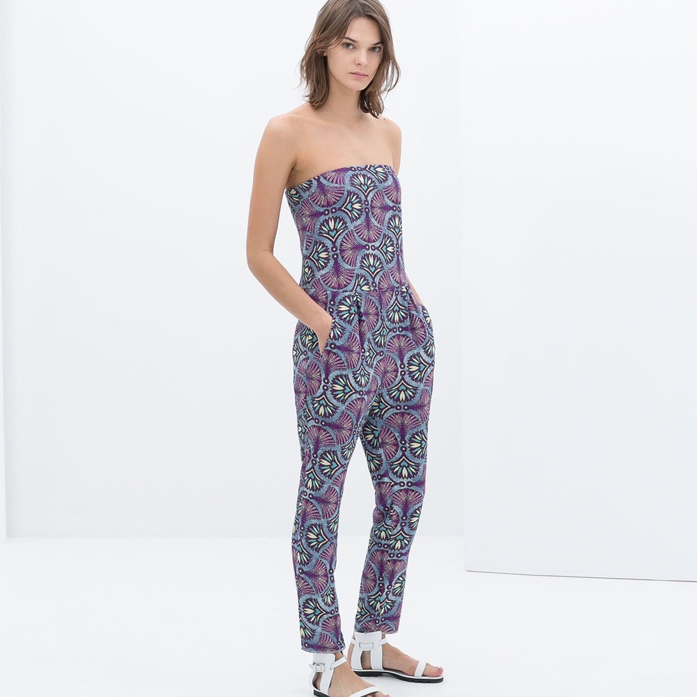 Zara Trafaluc Purple Multi Fan Print Sleeveless Jumpsuit Pantsuit Ankle Length